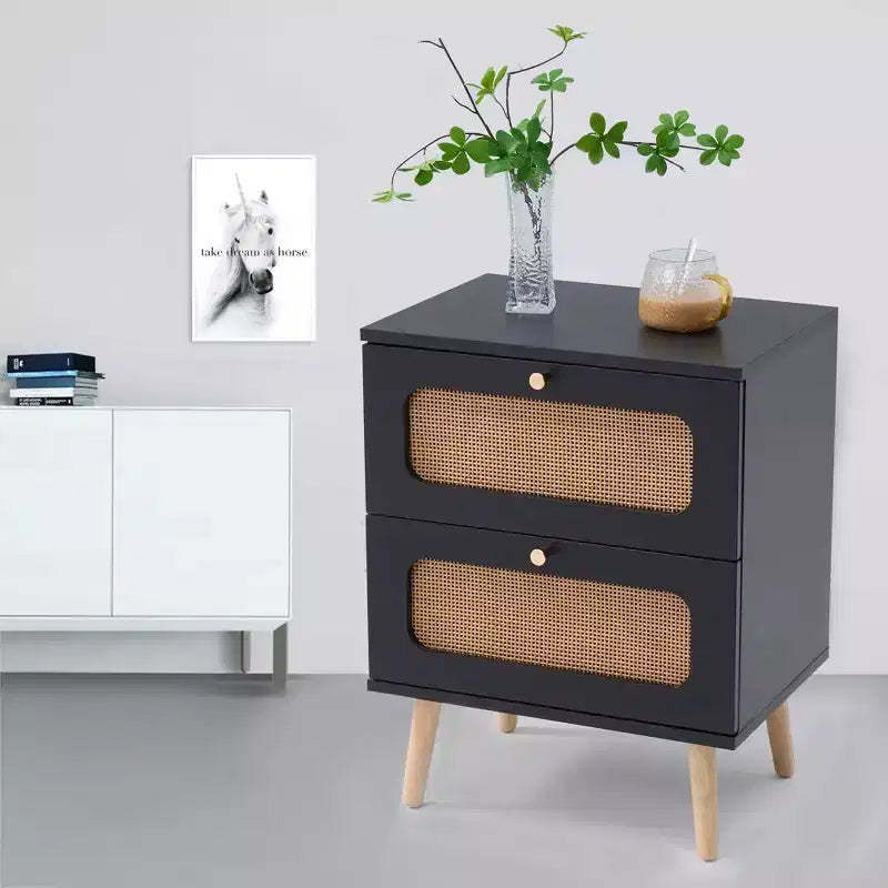 Rattan Bedside Table, 2 Handmade Rattan Drawers Farmhouse Wooden Side Table, Small Night Stand for Living Room, Bedroom, Office, Study Room
