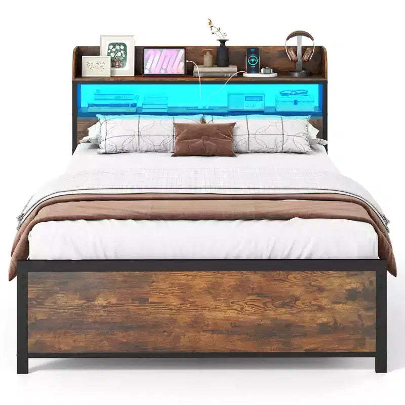 Coatway Full/Queen/King Bed Frame with LED Lights Power Outlets Storage Headboard Metal Slat Support