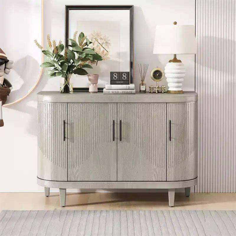 Modern Accent Storage Cabinet, Curved Sideboard Buffet Cabinet with 4 Doors, Adjustable Shelves, Coffee Bar Cabinet for Living Room, Hallway