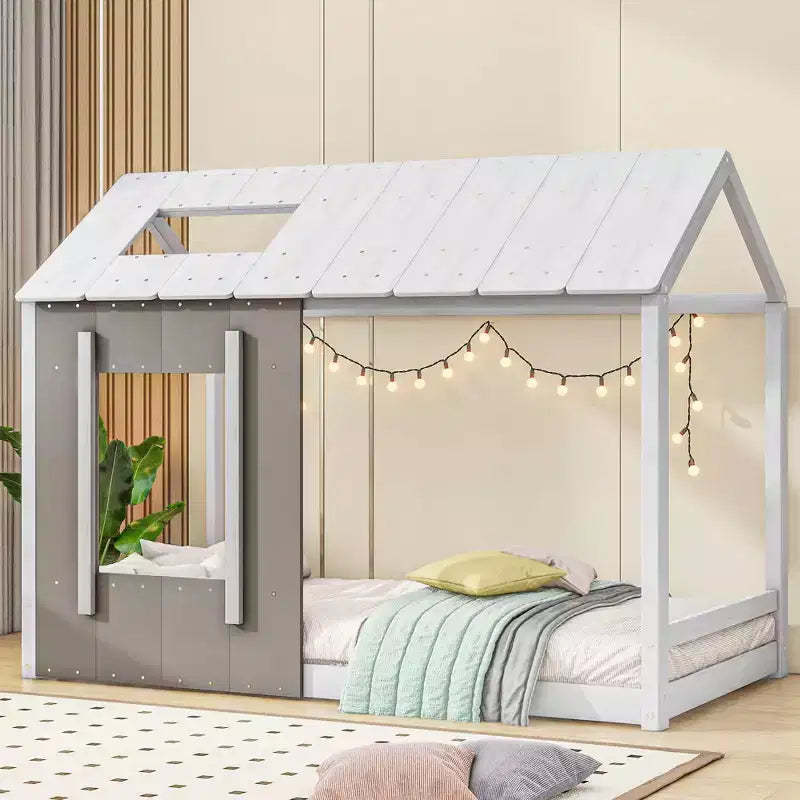 Bellemave Twin Size House Platform Bed with Roof and Window, Solid Wood Frame, Modern Playhouse Design, White and Antique Grey, Easy Assembly