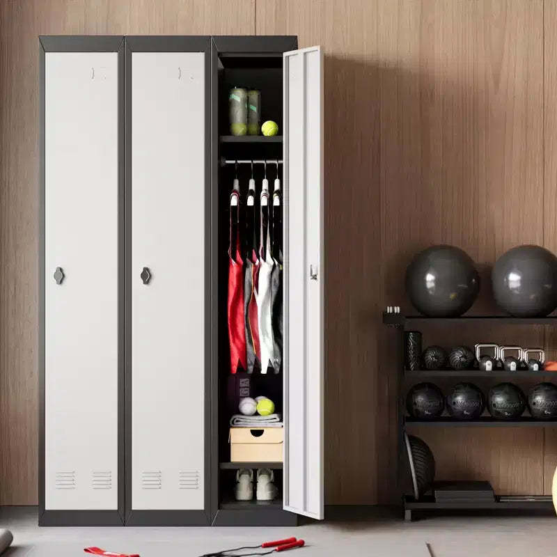 High-grade steel lockable storage cabinet with adjustable shelves and hanging rod, durable metal construction, suitable for offices, schools, gyms