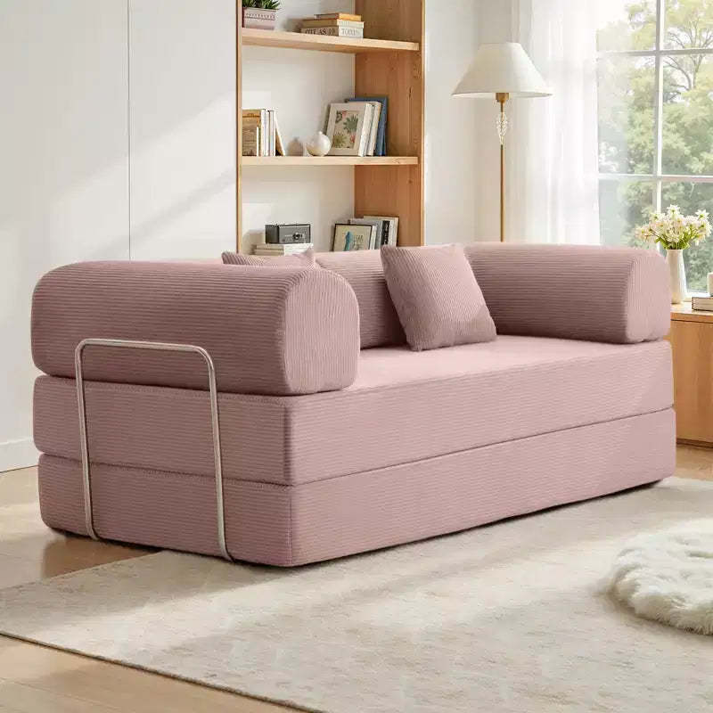 78.7 in.Light Pink Corduroy Convertible Sofa Bed, Metal Frame, Foldable Floor Sofa(large size)