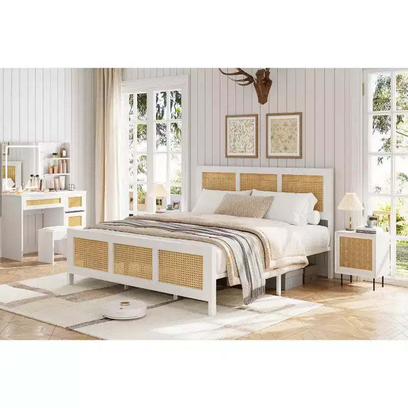 COZONY Rattan Full Bed Frame with Wicker Headboard, Boho Platform Metal Slats No Box Spring Needed