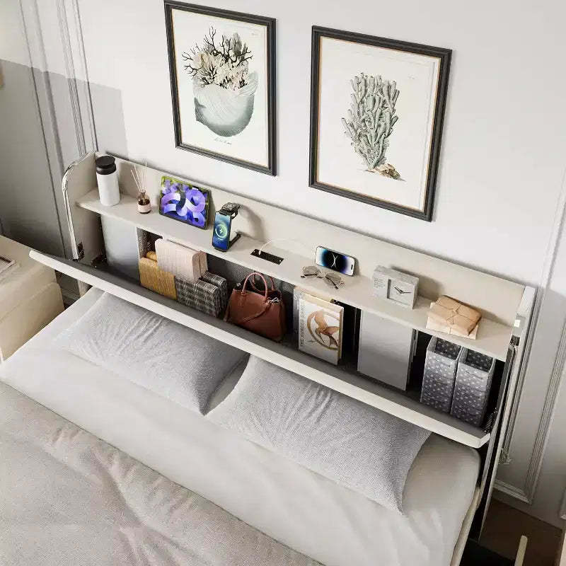 COZONY Upholstered Platform Bed with Charging Station, Headboard Shelf 4 Storage Drawers No Box Spring