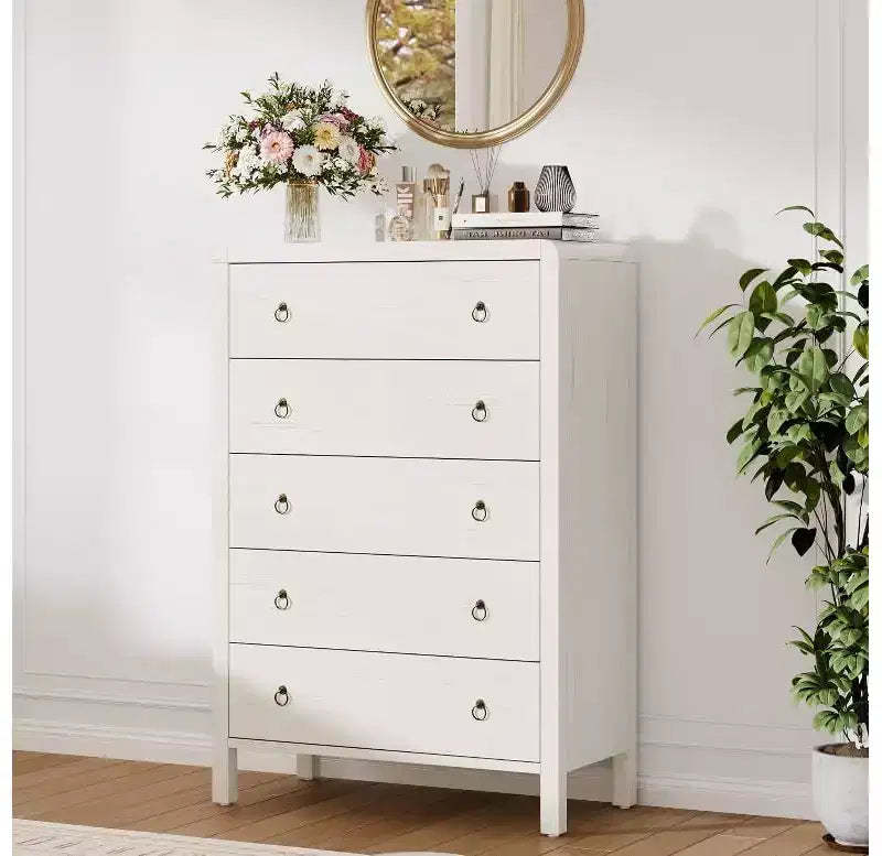 White 5 Drawer Dresser, Modern Closet Dressers Chest of Drawers, Wood Storage Dresser Chest of Drawers Clothes Organizer