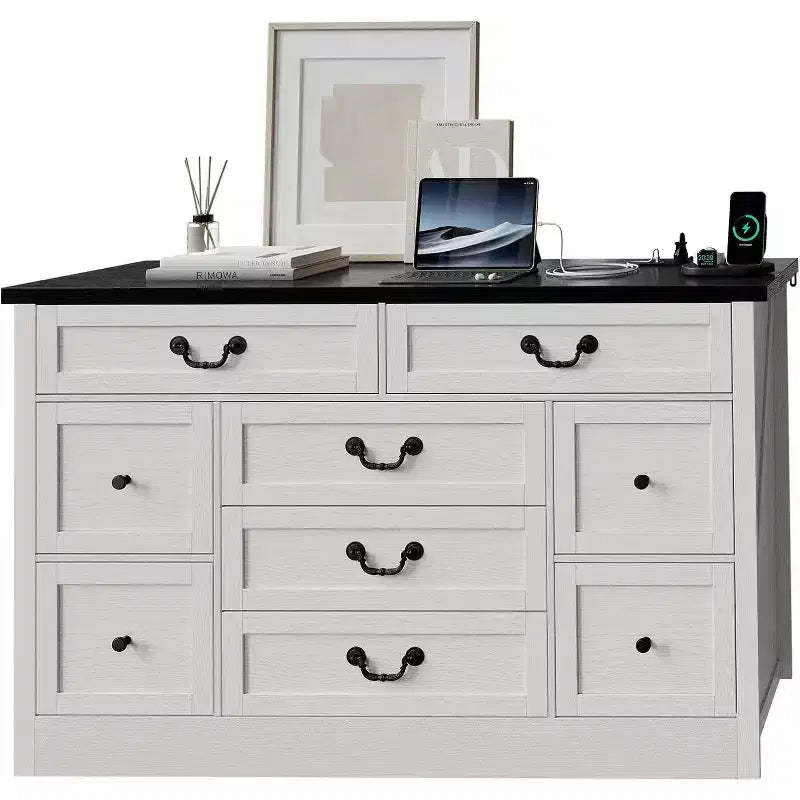9 Farmhouse Dresser with Charging Station & Metal Handle, Wooden Tv Stand with Dressers