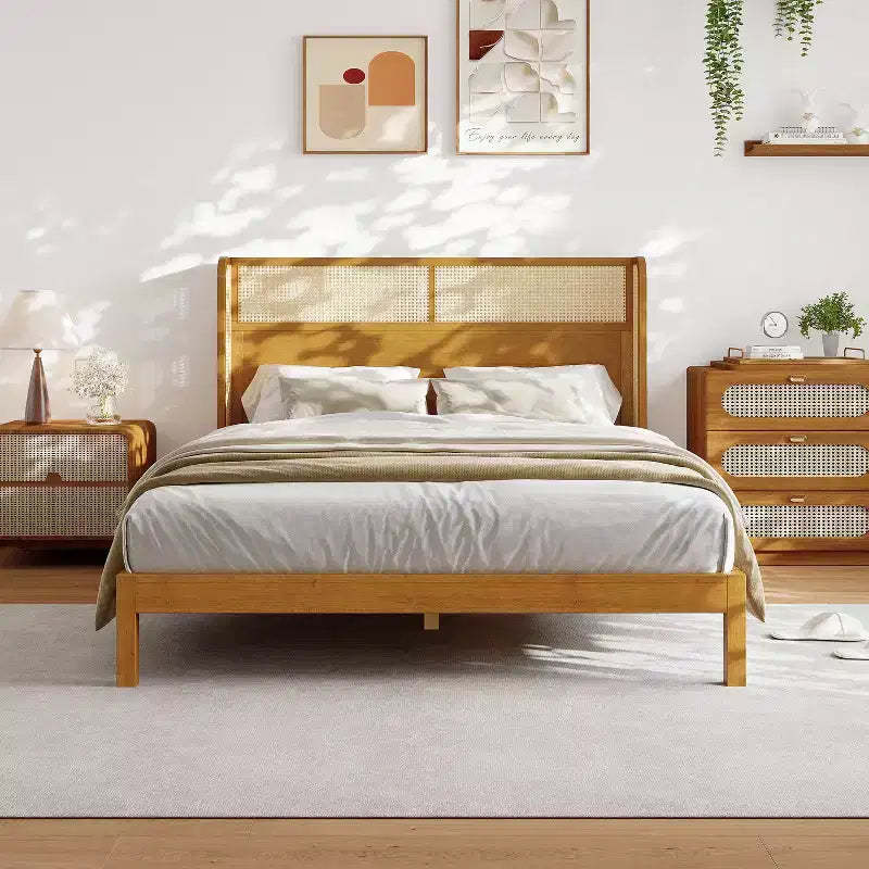 King/Queen Platform Bed Frame with Headboard, Mid Century Modern Rubber Wood Bed for Bedroom, Natural - ModernLuxe