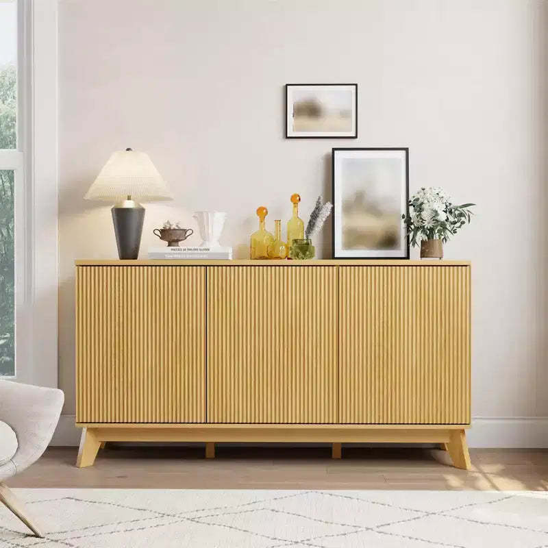58 Fluted Sideboard Buffet Cabinet with 3 Doors & Adjustable Shelves  Farmhouse Curved Wood Console Table, Coffee Bar Storage Cabinet Cupboard