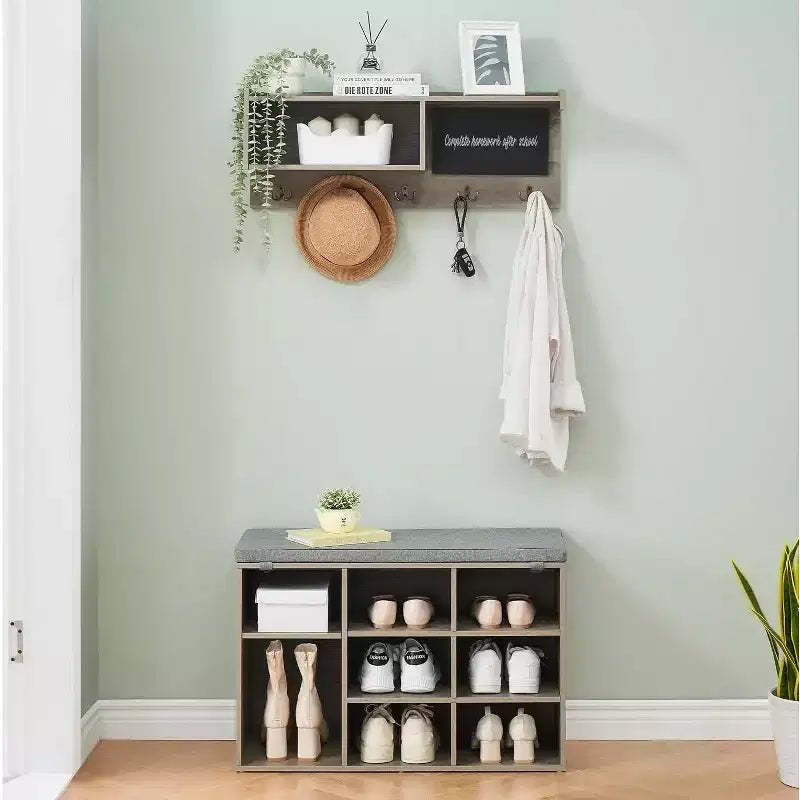 COZONY 31.5 Hall Tree with Shoe Bench, 8-Cubby Entryway Organizer & Wall-Mounted Coat Rack, Rustic Brown, for Hallway, Mudroom, Foyer
