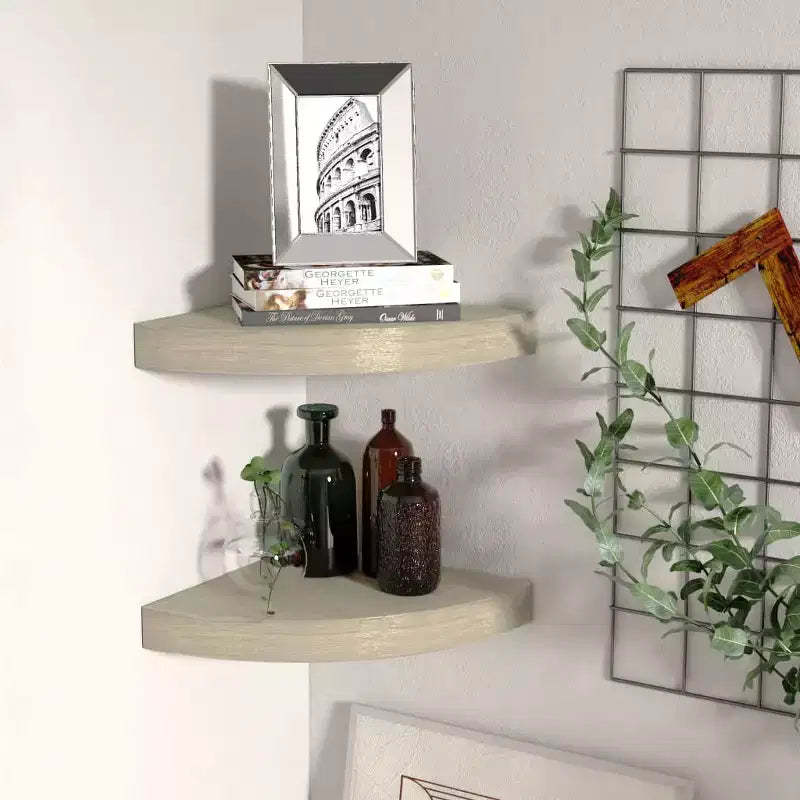 Corner Shelf Set of 2 Oak Honeycomb MDF, Metal 9.8x9.8x1.5 in