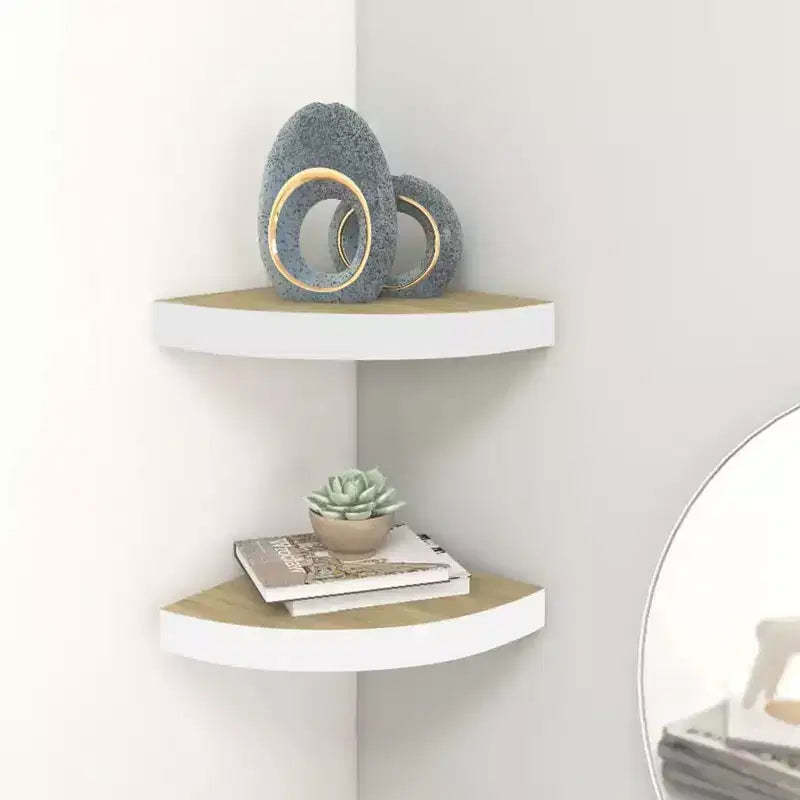 Wall Corner Shelf Set of 2 Oak and white Honeycomb MDF, metal