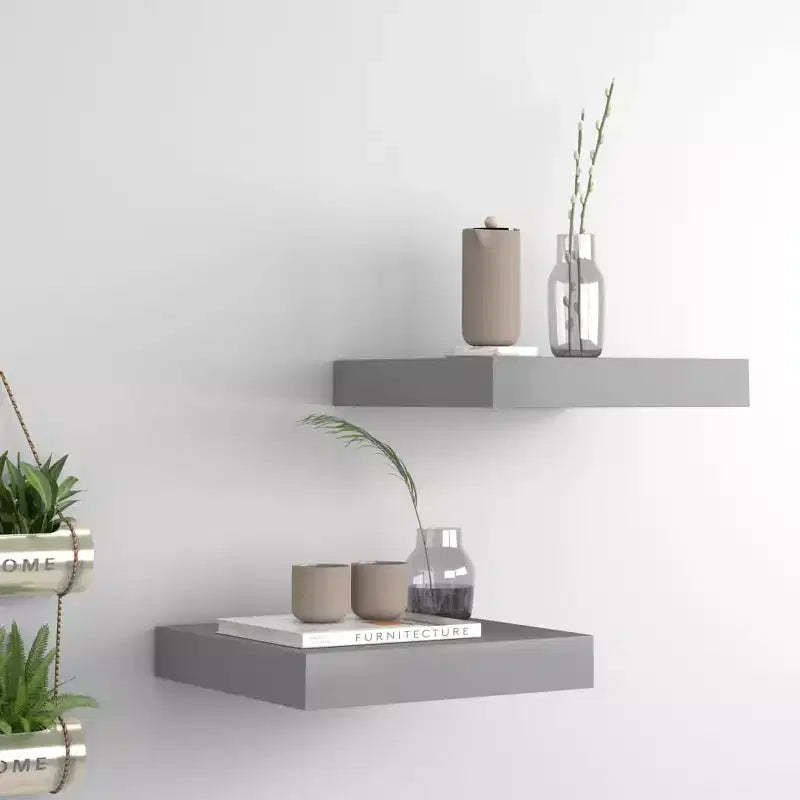 Wall Shelf Set of 2 Gray MDF 9.1x9.3x1.5 in Wall Shelf Square