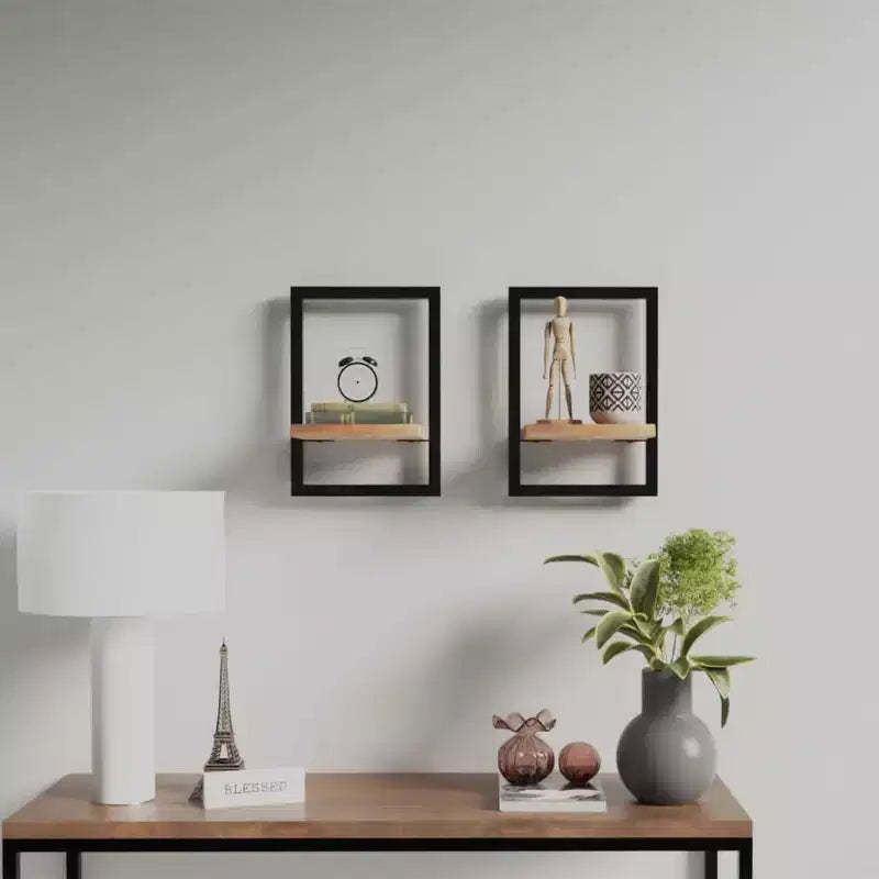Wall Shelf Set of 2 Natural wood and black Solid Acacia wood, Steel