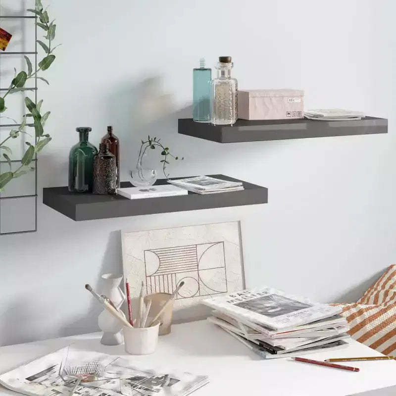Wall Shelf Set of 2 High gloss grey Honeycomb MDF, metal