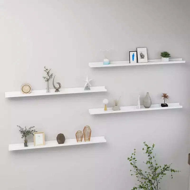 Wall Shelf Set of 4 White MDF Long Wall Shelf Rectangular