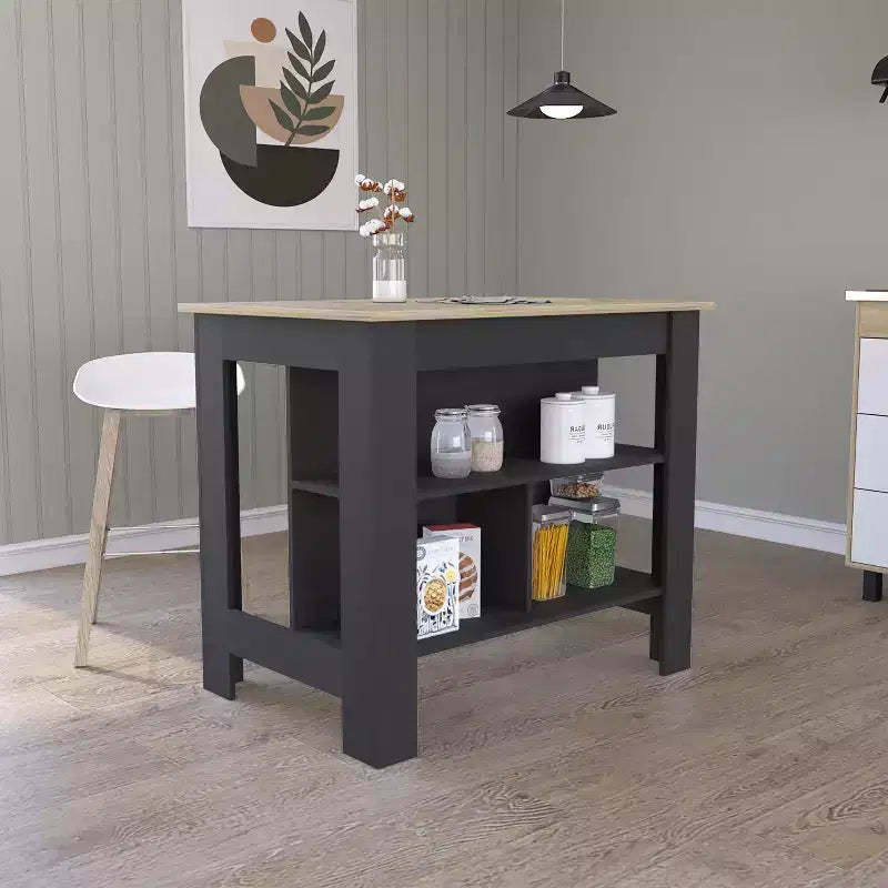 Okak Minimalism Kitchen Island with Storage, Kitchen Island Table with 3 Large Shelves Under Table, Countertop Organizer for Kitchen