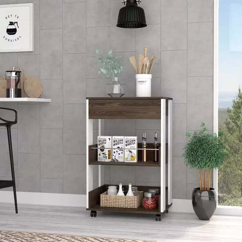 Okak Modern Kitchen Cart with 1 Drawer and 2 Shelves, Kitchen Island On Wheels, Countertop Organizer for Kitchen, Dining Room, Living Room, Brown