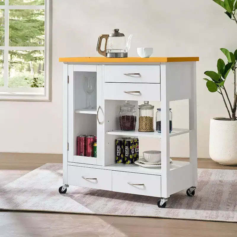 Okak Kitchen Island Cart with Glass Cabinet Door, Kitchen Cart with 4 Drawers, 1 Shelf and Towel Bar, Countertop Organizer for Dining Room, White+Oak