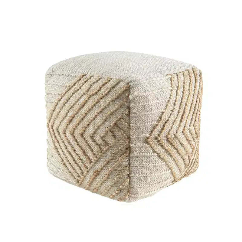 HomeRoots 18 Natural and Off White Cotton Jute And Wool Geometric Cube Pouf Ottoman