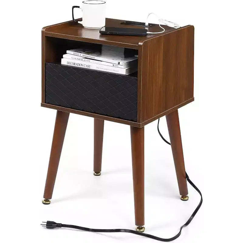 Modern End Table with Charging Station,Farmhouse Nightstand with Storage Drawer,& Open Shelf,Solid Wood Legs for Bedroom