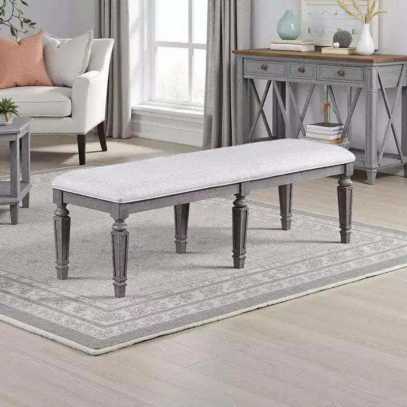 Royal Hampton Dining Bench with Turned Legs, 64 Inch Gray Wood and Fabric