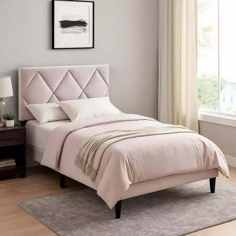 Royal Hampton Full Bed, Tufted Light Pink Velvet Upholstery, Diamond Stitch