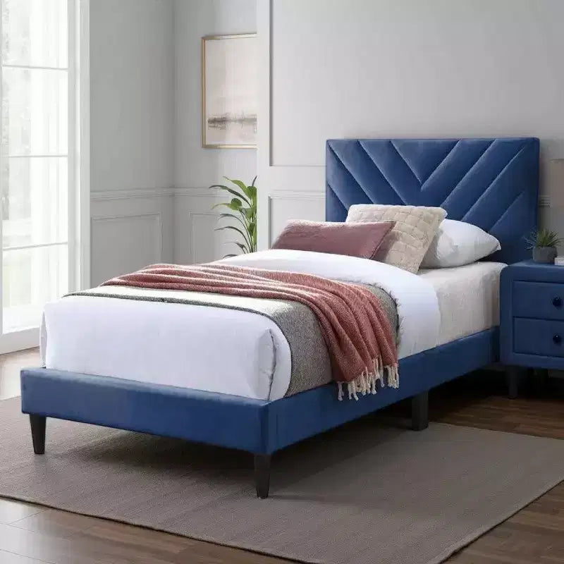 Royal Hampton Full Bed, Tufted Navy Blue Velvet Upholstery, Chevron Stitch