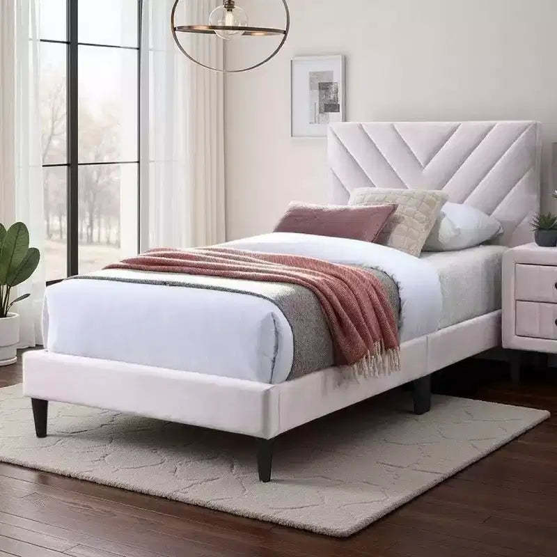 Royal Hampton Full Bed, Tufted Light Pink Velvet Upholstery, Chevron Stitch