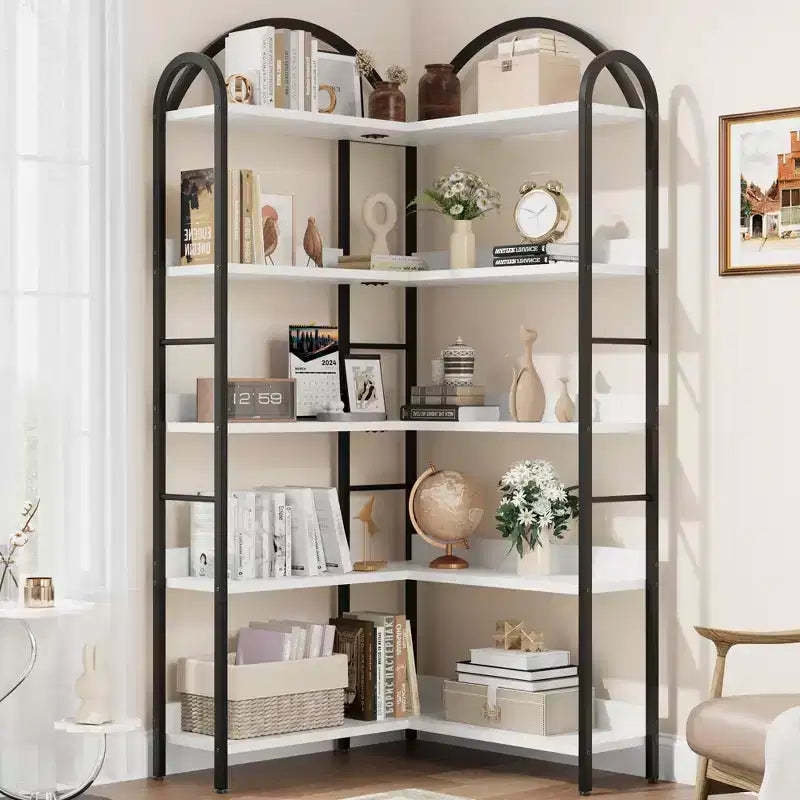 68.5Industrial Wooden Bookshelf with Metal Frame, 5-Tier Reversible Corner Bookcase, Open Storage Organizer for Living Room, Bedroom, Home Office