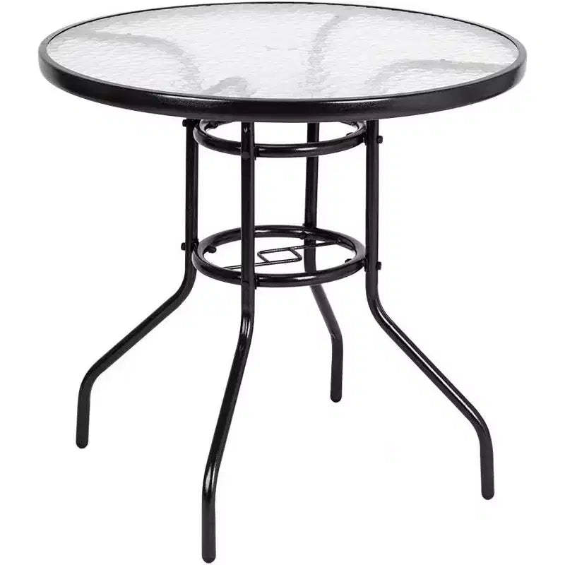 VINGLI Patio Table with Umbrella Hole, 32 Outdoor Dining Table Steel Tempered Glass Patio Tables Round Outdoor Tables for Balcony Garden Deck