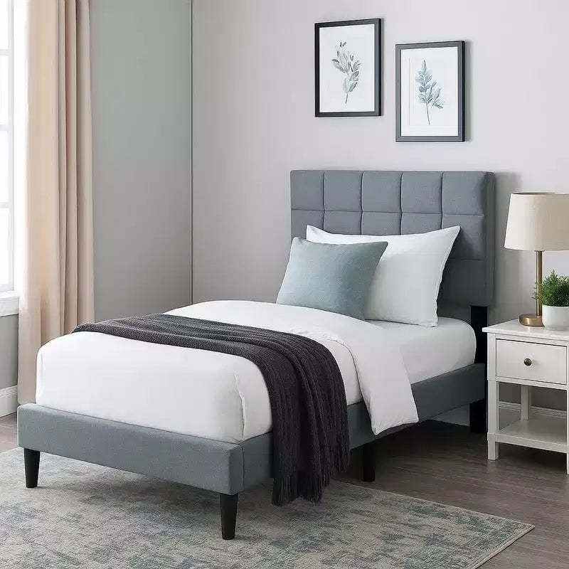 Royal Hampton Twin Bed, Tufted Gray Linen Upholstery, Biscuit Tufted Stitch