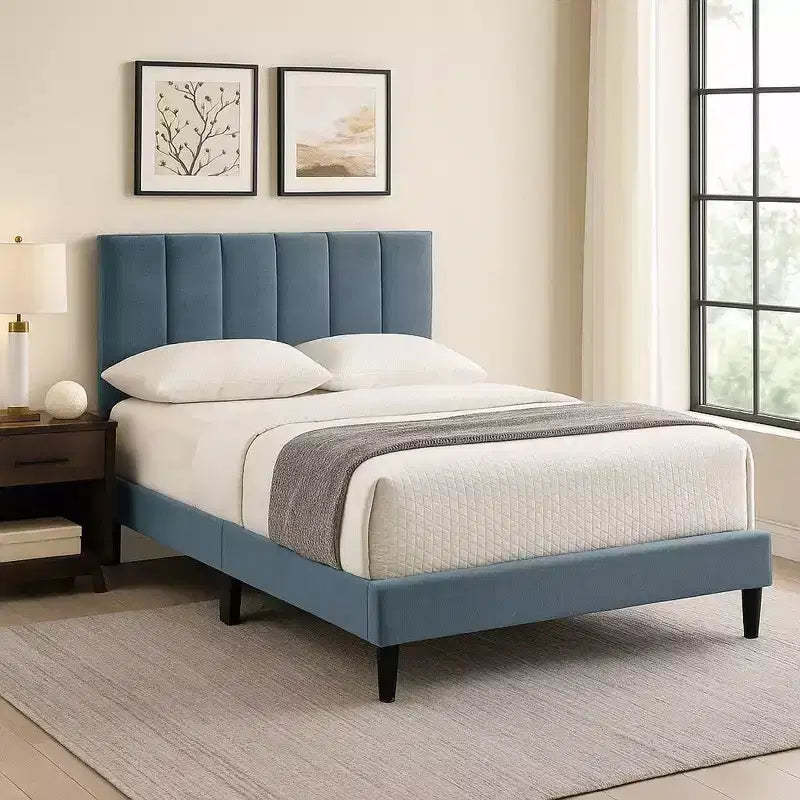 Royal Hampton Full Bed, Soft Channel Tufted Light Gray Linen Upholstery
