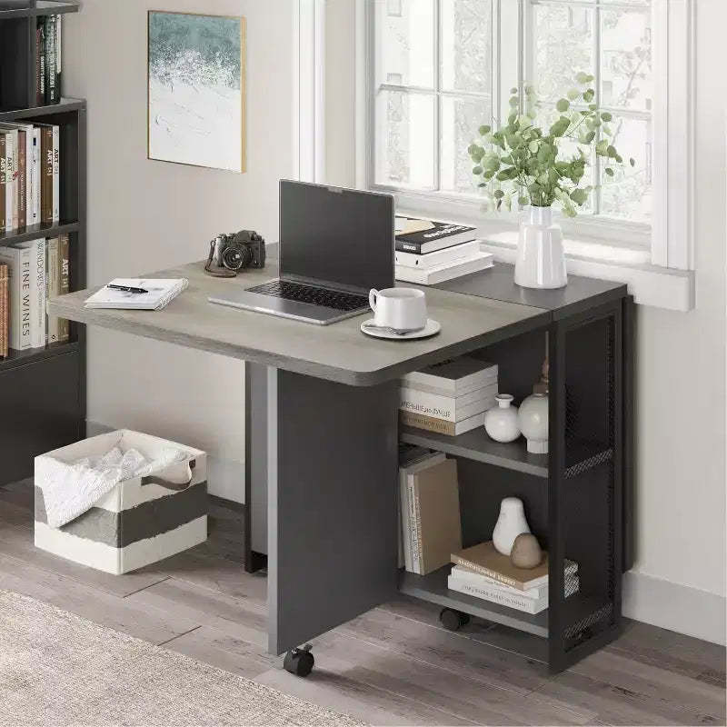 GustoWave Space Saving Folding Dining Table with 2 Tier Storage-Extendable, Collapsible Expandable Rectangle Dinner Kitchen Office Furniture