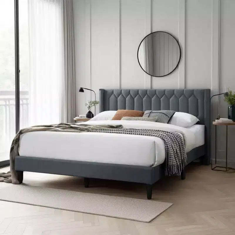 Royal Hampton Queen Size Bed, Geometric Stitched Charcoal Gray Burlap Upholstery