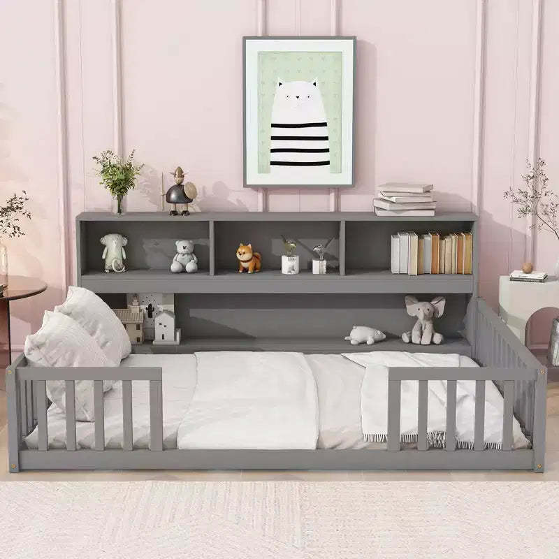 Bellemave Full Floor Bed with Side Bookcase and Shelves, Solid Wood Platform Bed with Guardrails and Easy Access Opening, Space-Saving Design, Grey