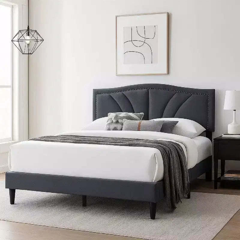 Royal Hampton Queen Size Bed, Charcoal Gray Burlap Upholstered Curved Headboard