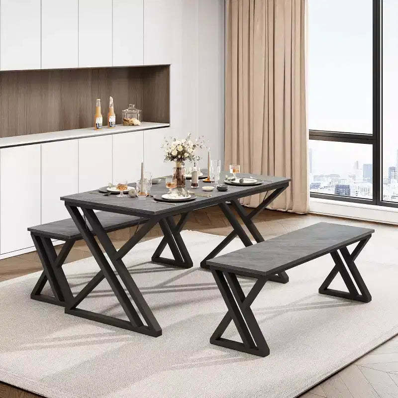 Dining Table Bench Set for 4, Kitchen Table Set with 2 Benches, Rectangular Dining Room Table Set with Sturdy Metal Frame, Grey