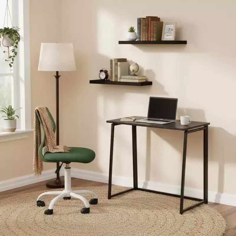 FurnitureR 3-Piece Folding Desk Set with Adjustable Swivel Chair and 2 Floating Wall Shelves, Space-Saving Study & Workstation Combo, Modern Design