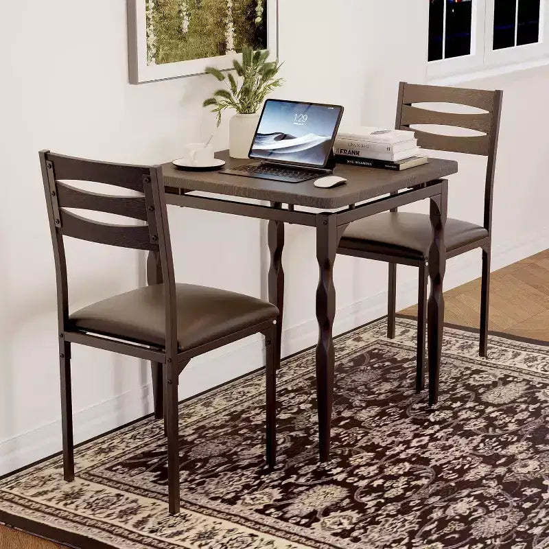 Industrial 3-Piece Dining Table Set for 2 with Cushioned Chairs  Kitchen Table Set with Spiral Leg Design Table (Black)