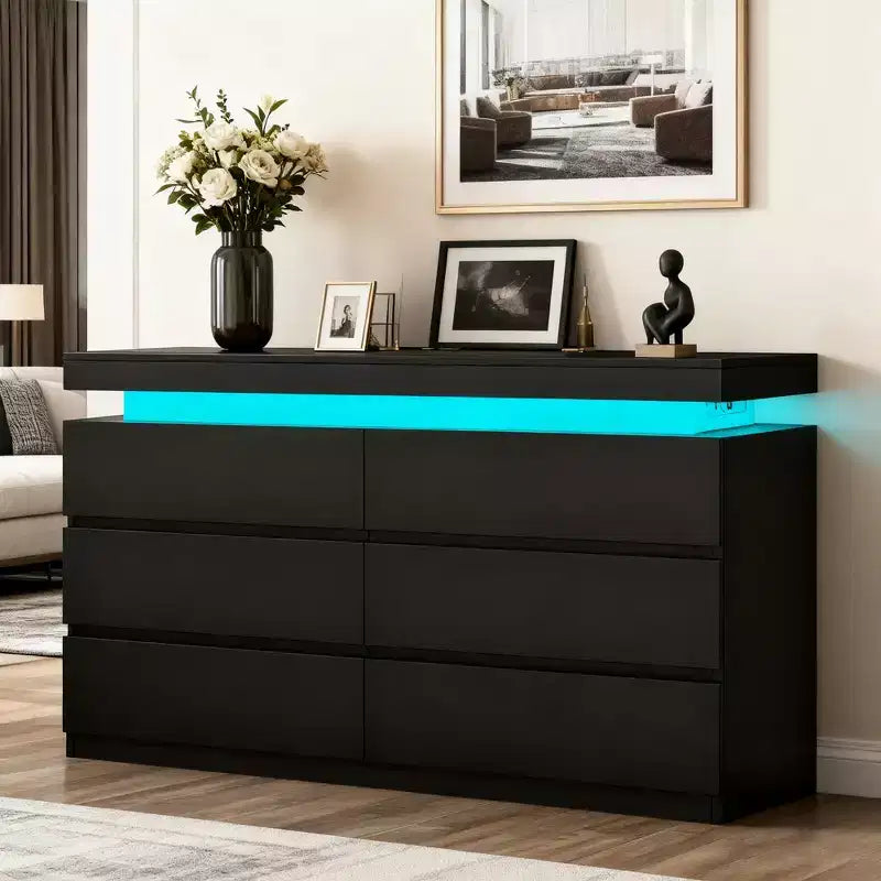 Dyonery Modern 6-Drawer Dresser with Sliding Desktop & Power Outlet-Dual Wide Chest of Drawers Storage Organizer for Bedroom Modern Wood Dressers