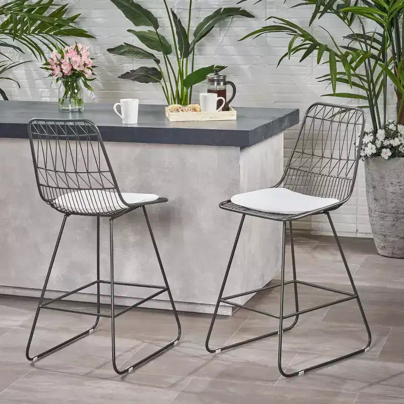 Okak Outdoor Counter Height Bar Stools with Water Resistant Cushions Set of 2, Woven Wire Metal Bar Stools, Modern Accent Chairs