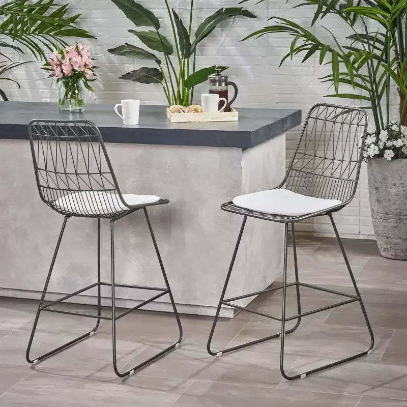 Okak Outdoor Counter Height Bar Stools with Water Resistant Cushions Set of 2, Woven Wire Metal Bar Stools, Modern Accent Chairs