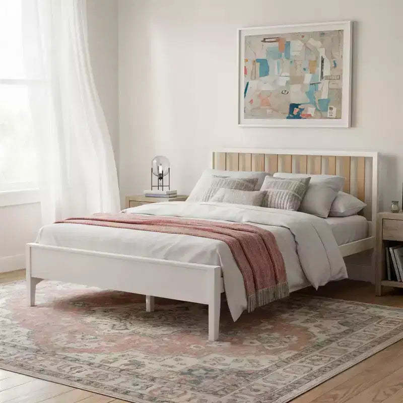 Scandinavian Queen-Size Bed with Slatted Headboard