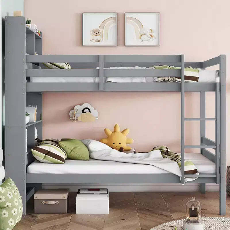 MAYEERTY Twin Bunk Bed with Shelves Headboard Sofety Guardrails and Ladder Cinvertible to 2 Beds for Bedroom Gray