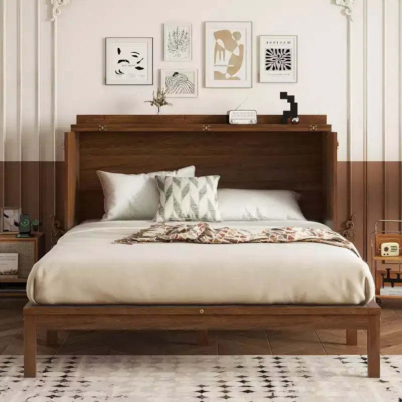 MAYEERTY Queen Size Murphy Bed Pine Wood Cabinet Bed with Power Station and Rattan Decoration Panel Walnut for Bedroom