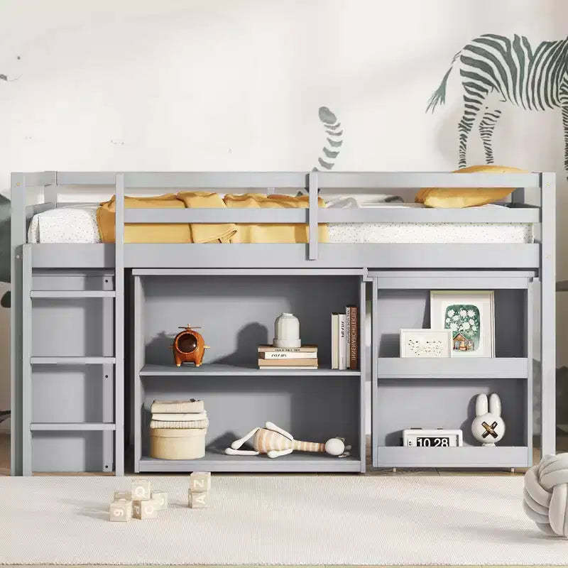 MAYEERTY Twin Loft Bed with Drawer Cabinet Shelf Cabinet and Pulling Out Desk,Rubber Wood Loft Bed with Guardrail Ladder Gray