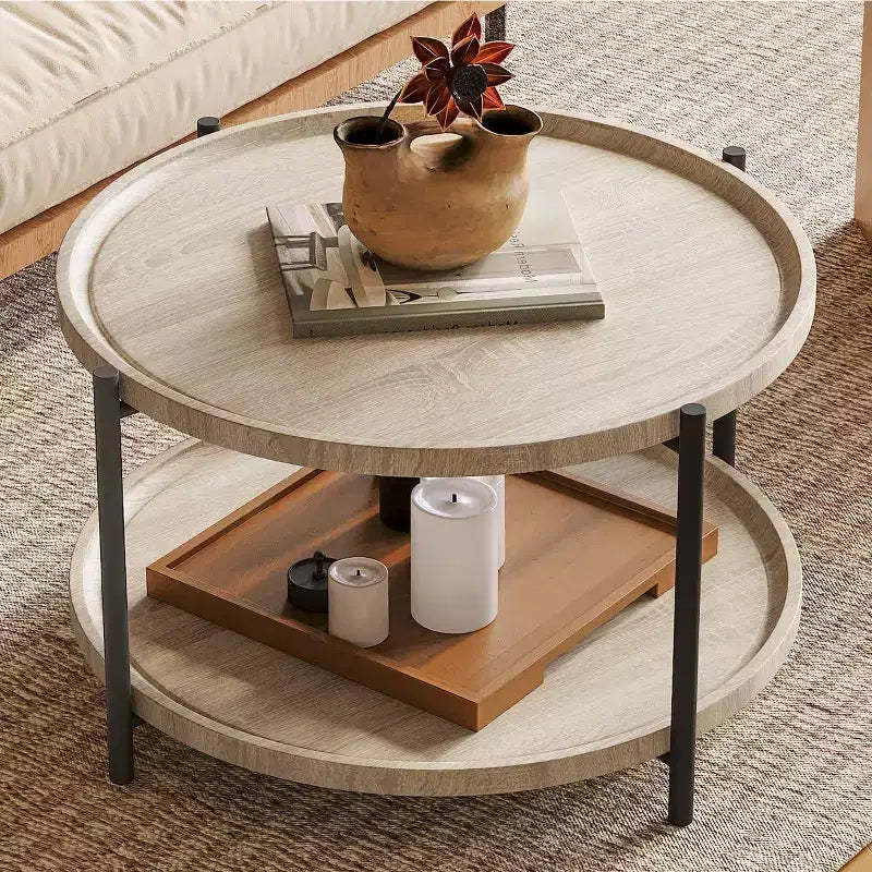 Round Boho Wood Coffee Table, 29.3in Farmhouse Natural Circle Wooden 2-Tier Coffee Tables Living Room Furniture, 29.3 D x 17.7 H
