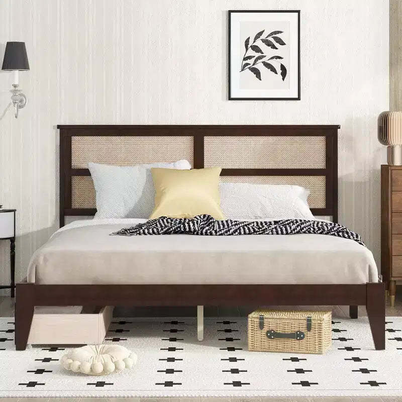 MAYEERTY King Size Bed with Rattan Headboard Two Storage Drawers Rubber Wood Bed with Enhanced Support Slats and Feet Espresso