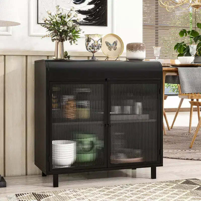 CLIHOME Modern Sideboard Buffet Cabinet with Tempered Figured Glass Doors and Flip Top, Metal Frame Storage Console