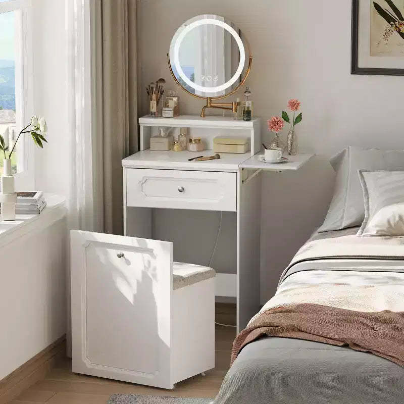 Compact Vanity Desk with Adjustable Lighted Mirror  Mini Makeup Desk, Storage Drawer & Chair for Bedroom or Small Spaces